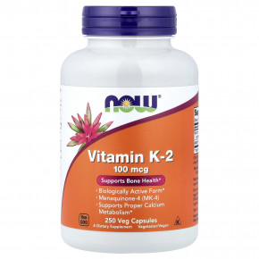 NOW Foods, витамин K2, 100 мкг, 250 растительных капсул - описание | фото