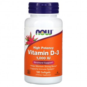 NOW Foods, витамин D3, высокоактивный, 1000 МЕ, 180 мягких таблеток - описание