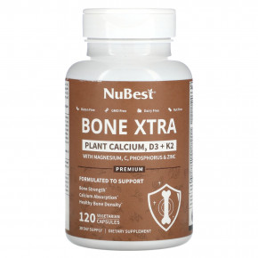 NuBest, Bone Xtra, растительный кальций, D3 и K2, 120 вегетарианских капсул - описание | фото