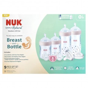 NUK, Simply Natural Bottle with SafeTemp, подарочный набор для новорожденных, от 0 месяцев, 9 шт. - описание