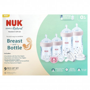 NUK, Simply Natural Bottle with SafeTemp, подарочный набор для новорожденных, от 0 месяцев, 9 шт. - описание | фото