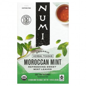 Numi Tea, Organic Herbal Teasan, марокканская мята, без кофеина, 18 чайных пакетиков, 39,6 г (1,40 унции) - описание