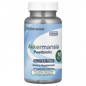 Nutra BioGenesis, Akkermansia Postbiotic, аккермансия, 100 мг (10 млрд КОЕ), 30 вегетарианских капсул - описание | фото