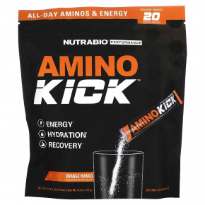 NutraBio, Amino Kick, апельсин и манго, 20 пакетиков по 9 г (0,32 унции) - описание | фото