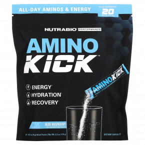 NutraBio, Amino Kick, голубая малина, 20 пакетиков по 9 г (0,32 унции) - описание