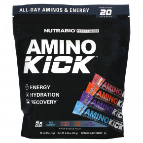 NutraBio, Amino Kick, разнообразная упаковка, 20 стиков по 9 г (0,32 унции) - описание