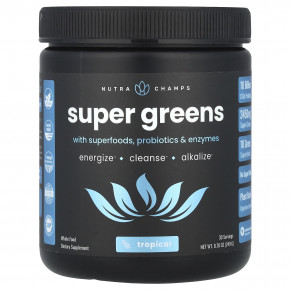 NutraChamps, Super Greens, с суперпродуктами, пробиотиками и ферментами, тропические фрукты, 249 г (8,87 унции) - описание