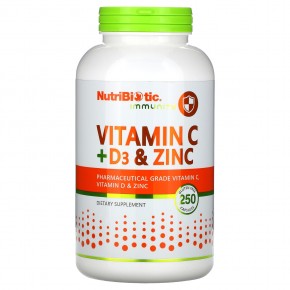 NutriBiotic, Immunity, витамины C + D3 и цинк, 250 капсул - описание