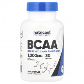 Nutricost, BCAA, 1000 мг, 60 капсул (500 мг на капсулу) - описание | фото