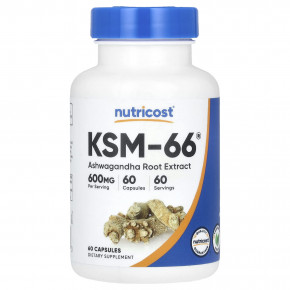 Nutricost, KSM-66, экстракт корня ашваганды, 600 мг, 60 капсул - описание | фото