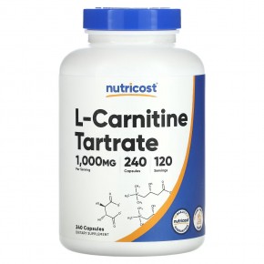 Nutricost, L-карнитина тартрат, 1000 мг, 240 капсул (500 мг в 1 капсуле) - описание