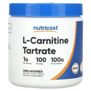 Nutricost, L-карнитин тартрат, без добавок, 1 г, 100 г (3,5 унции) - описание