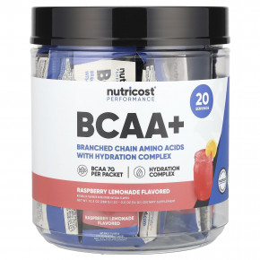 Nutricost, Performance, BCAA +, малиновый лимонад, 20 пакетиков по 14 г (0,5 унции) - описание | фото