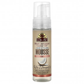 Okay Pure Naturals, Black Jamaican Castor Oil®, мусс для укладки волос, гибкая фиксация, для сухих и поврежденных локонов, кокос, 221 мл (7,5 унции) - описание | фото