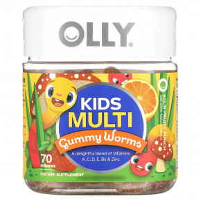 OLLY, Kids Multi, Gummy Worms, кислый фруктовый пунш, 70 жевательных таблеток - описание