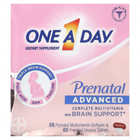 One-A-Day, Prenatal Advanced, полноценный мультивитаминный комплекс для поддержки мозга, 60 пренатальных мультивитаминных мягких таблеток и 60 пренатальных таблеток с холином - описание | фото