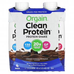 Orgain, Clean Protein Shake, сливочная шоколадная помадка, 4 пакетика, по 330 мл (11 жидк. унц.) - описание