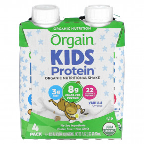 Orgain, Kids Protein, органический питательный коктейль, ваниль, 4 пакетика, по 244 мл (8,25 жидк. унц.) - описание | фото