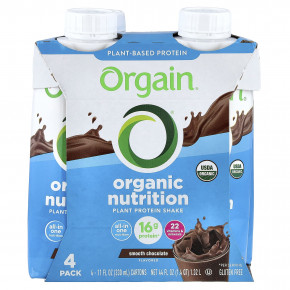 Orgain, Organic Nutrition, коктейль из растительных протеинов, нежный шоколад, 4 пакетика по 330 мл (11 жидк. унций) - описание | фото