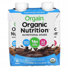 Orgain, Organic Nutrition, питательный коктейль, гладкий шоколад, 4 пакетика по 330 мл (11 жидк. унц.) в Москве - eco-herb.ru | фото