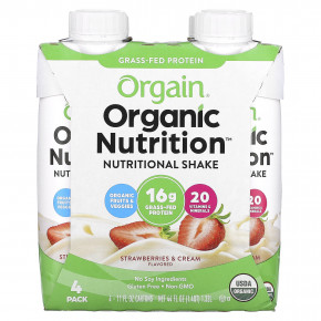 Orgain, Organic Nutrition, питательный коктейль, клубника и сливки, 4 упаковки по 330 мл (11 жидк. унц.) в Москве - eco-herb.ru | фото