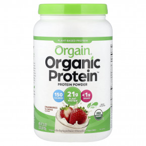 Orgain, Organic Protein™, порошок на растительной основе, со вкусом клубники и крема, 920 г (2,03 фунта) - описание | фото