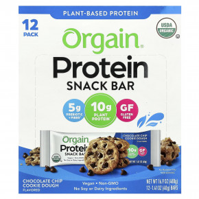 Orgain, Протеиновый батончик на растительной основе, тесто для шоколадного печенья, 12 батончиков, 40 г (1,41 унции) - описание | фото