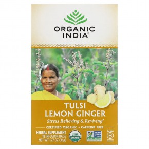 Organic India, чай с тулси, лимоном и имбирем, без кофеина, 18 пакетиков, 36 г (1,27 унции) - описание