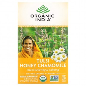 Organic India, чай с тулси, медом и ромашкой, без кофеина, 18 пакетиков, 30,6 г (1,08 унции) - описание