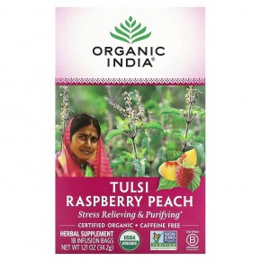 Organic India, Tulsi  Raspberry Peach, Caffeine Free, 18 Infusion Bags, 1.21 oz (34.2 g) в Москве - eco-herb.ru | фото