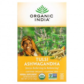Organic India, Tulsi Tea, Ашваганда, без кофеина, 18 пакетиков для настоя, 1,27 унции (36 г) - описание