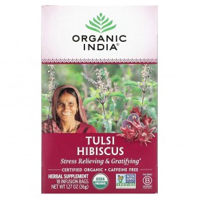 Organic India, Tulsi Tea, гибискус, без кофеина, 18 пакетиков для заваривания, 36 г (1,27 унции) в Москве - eco-herb.ru | фото