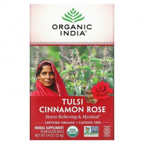 Organic India, Tulsi Tea, роза с корицей, без кофеина, 18 пакетиков для заваривания, 32,4 г (1,14 унции) - описание