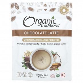 Organic Traditions, Шоколадный латте с ашвагандой и пробиотиками, 150 г (5,3 унции) в Москве - eco-herb.ru | фото