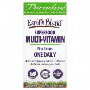 Paradise Herbs, Earth's Blend, ежедневные мультивитамины из суперпродуктов, без железа, 60 вегетарианских капсул - описание