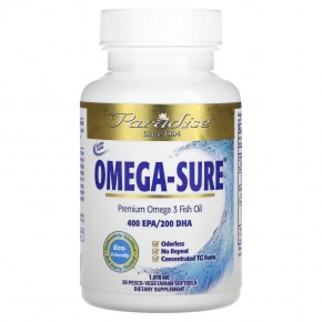Paradise Herbs, Omega Sure, концентрат омега-3, 1000 мг, 30 капсул в растительной оболочке Pesco - описание