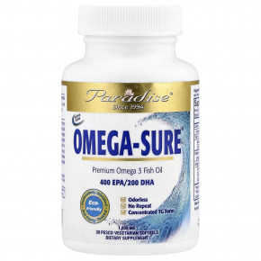 Paradise Herbs, Omega Sure®, премиальный рыбий жир с омега-3, 1000 мг, 30 вегетарианских капсул Pesco - описание | фото
