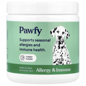 Pawfy, Allergy & Immune, для собак, от 6 месяцев, для индейки, 30 жевательных таблеток, 128 г (4,5 унции) - описание | фото
