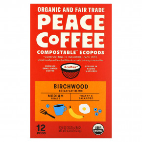 Peace Coffee, Organic Birchwood Breakfast Blend, Medium Roast , 12 Pods, 0.36 oz (10.25 g) Each в Москве - eco-herb.ru | фото