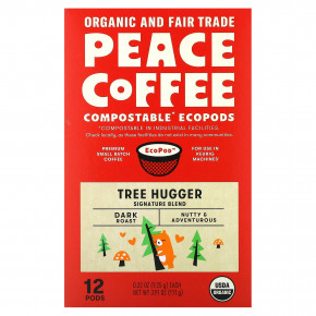 Peace Coffee, Organic Tree Hugger, фирменная смесь, темная обжарка, 12 капсул по 9,25 г (0,32 унции) - описание | фото