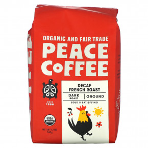 Peace Coffee, органическая французская обжарка, молотый, темная обжарка, без кофеина, 340 г (12 унций) - описание | фото