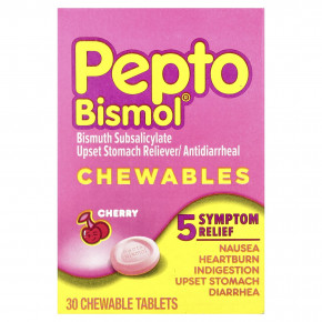 Pepto Bismol, Жевательные таблетки, вишня, 262 мг, 30 жевательных таблеток - описание | фото