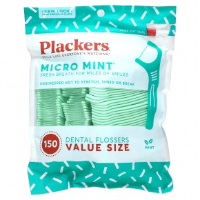Plackers, Micro Mint, зубочистки с нитью, экономичная упаковка, мята, 150 шт. - описание