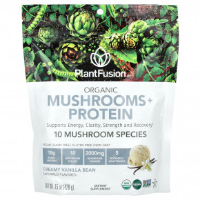 PlantFusion, Organic Mushrooms + Protein, сливочная ваниль, 428 г (15 унций) - описание | фото