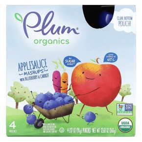 Plum Organics, яблочное пюре с голубикой и морковью, 4 пакетика по 90 г (3,17 унции) - описание