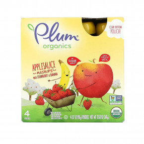 Plum Organics, яблочное пюре с клубникой и бананом, 4 пакетика, по 90 г (3,17 унции) каждый (Товар снят с продажи) в Москве - eco-herb.ru | фото
