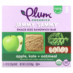 Plum Organics, Jammy Sammy, сэндвич-батончик для детей от 15 месяцев, яблоко, капуста и овсянка, 5 батончиков, 29 г (1,02 унции) - описание