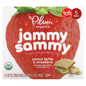 Plum Organics, Jammy Sammy, сэндвич-батончик для снеков, от 15 месяцев, с арахисовым маслом и клубникой, 5 батончиков, 29 г (1,02 унции) - описание | фото