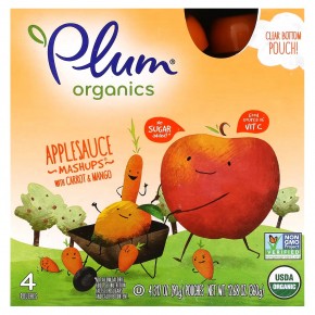 Plum Organics, Мэшапы из органического яблочного пюре с морковью и манго, 4 пакетика, 90 г (3,17 унции) - описание