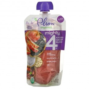 Plum Organics, Mighty 4,4 Food Group Blend, смесь для малышей, яблоко, ежевика, пурпурная морковь, греческий йогурт, овес, 113 г (4 унции) - описание